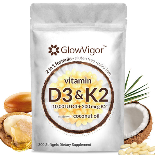 GlowVigor 2-in-1 Vitamin D3 K2 Supplement Softgel, 9999 IU VIT D3 200 MCG Vitamin K2, Free Of GMO, Gluten, Soy, Bone Health, Cardiovascular Health Support, Aiding In Calcium Absorption, 300 Pcs